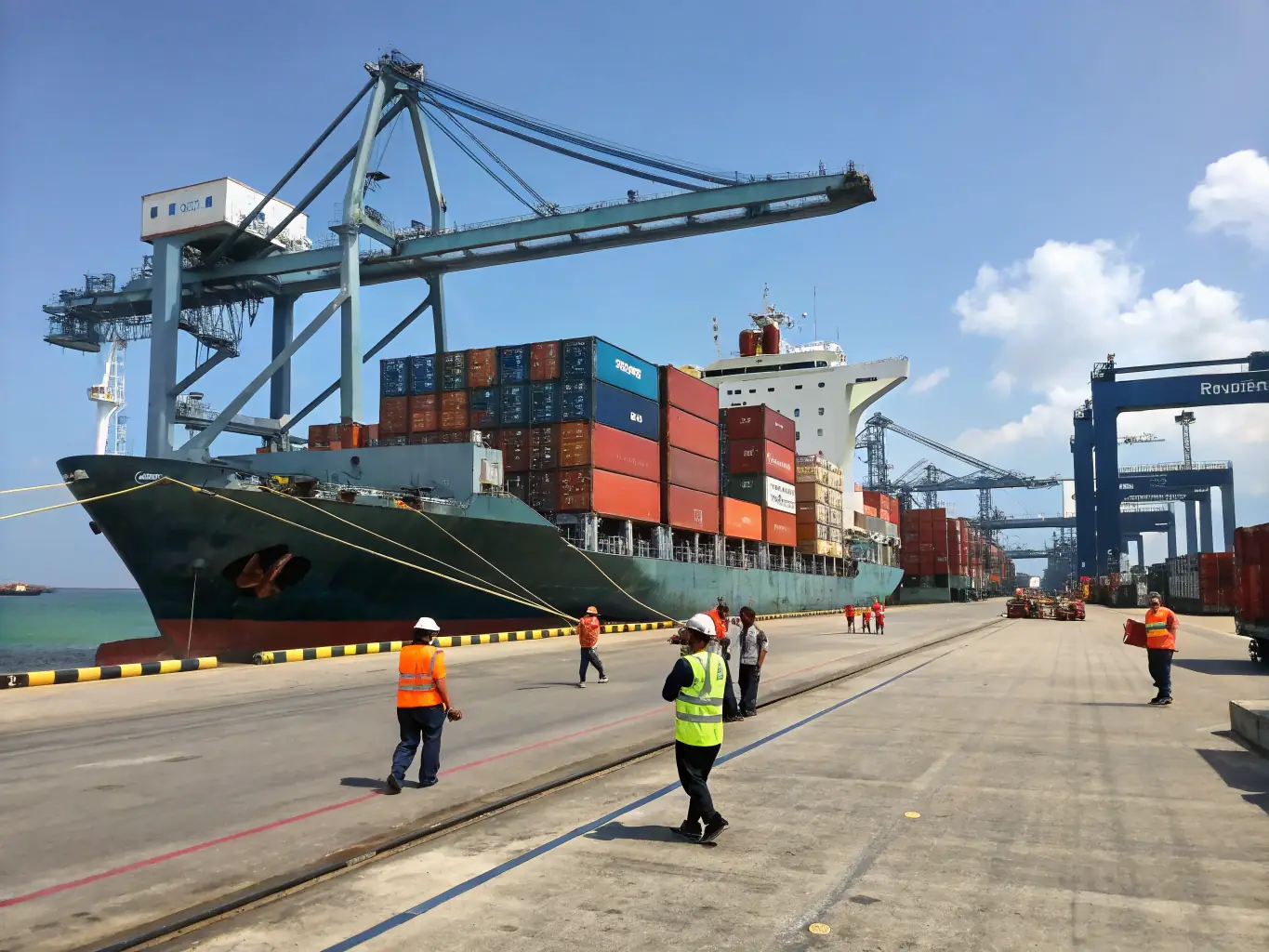 A modern cargo ship is unloading a variety of vehicles, including sedans, SUVs, and trucks, at a bustling port, symbolizing Atika Works' vehicle import/export services.