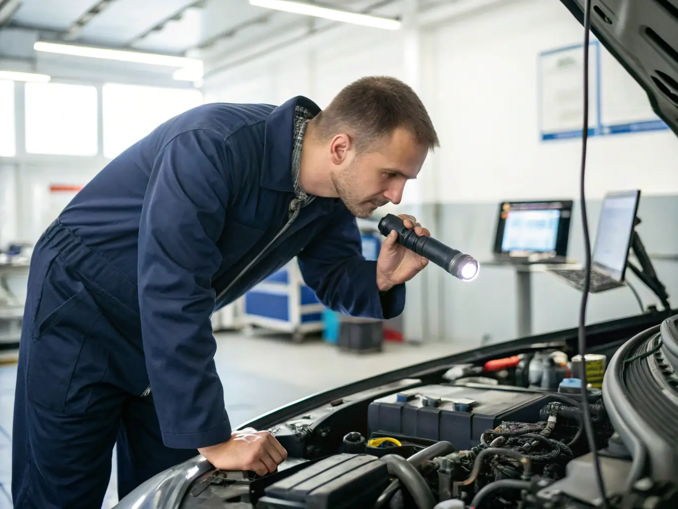 A mechanic performing routine maintenance on a vehicle in a clean and organized service bay, highlighting Atika Works' commitment to vehicle maintenance and reliability.