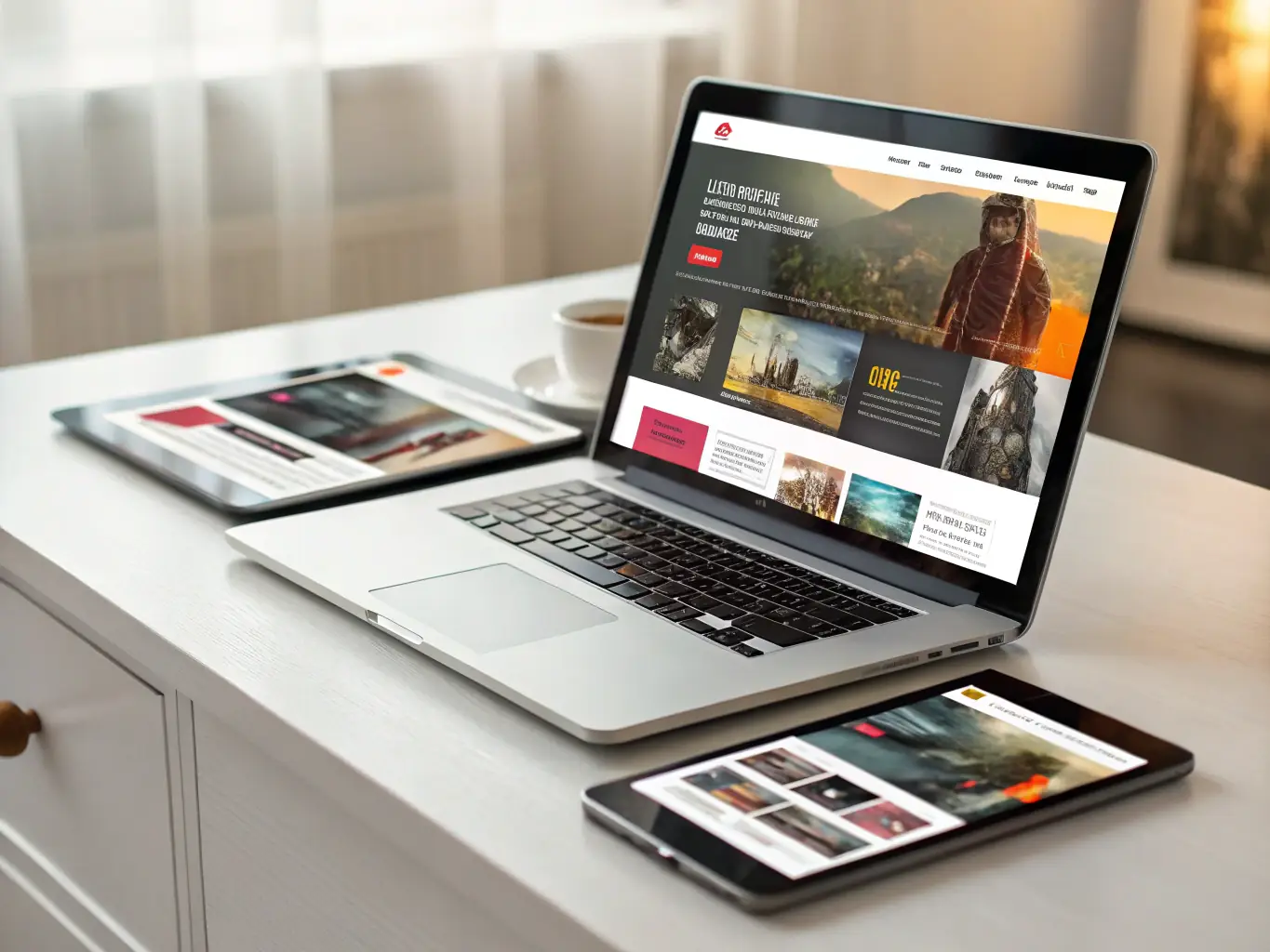 A modern, sleek website design displayed on various devices (desktop, tablet, mobile), highlighting responsive design and user-friendly interface.