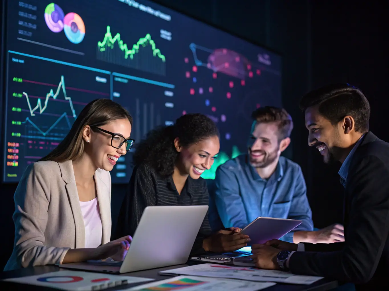 A vibrant image showcasing a team collaborating on a digital marketing strategy, with charts and data visualizations in the background, symbolizing data-driven decision-making.