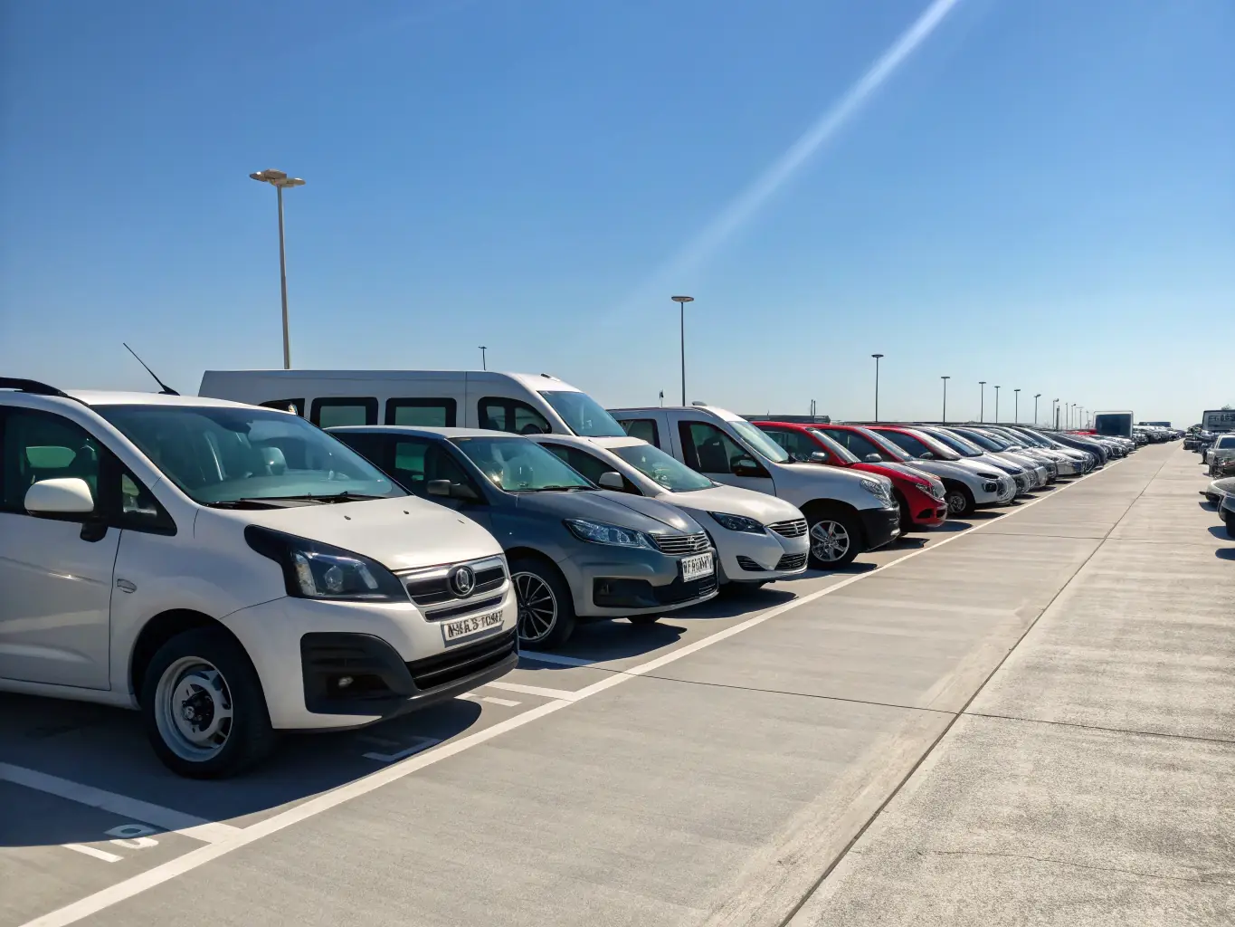 A fleet of well-maintained cars, SUVs, and vans parked neatly in a rental lot, representing Atika Works' diverse vehicle rental options.
